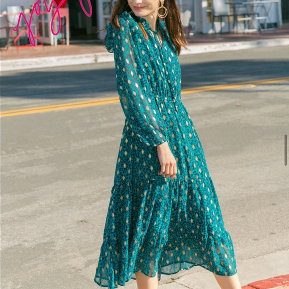 Joy Joy animal print dress. Teal. Gold dots. Chiffon fabric. Like new!